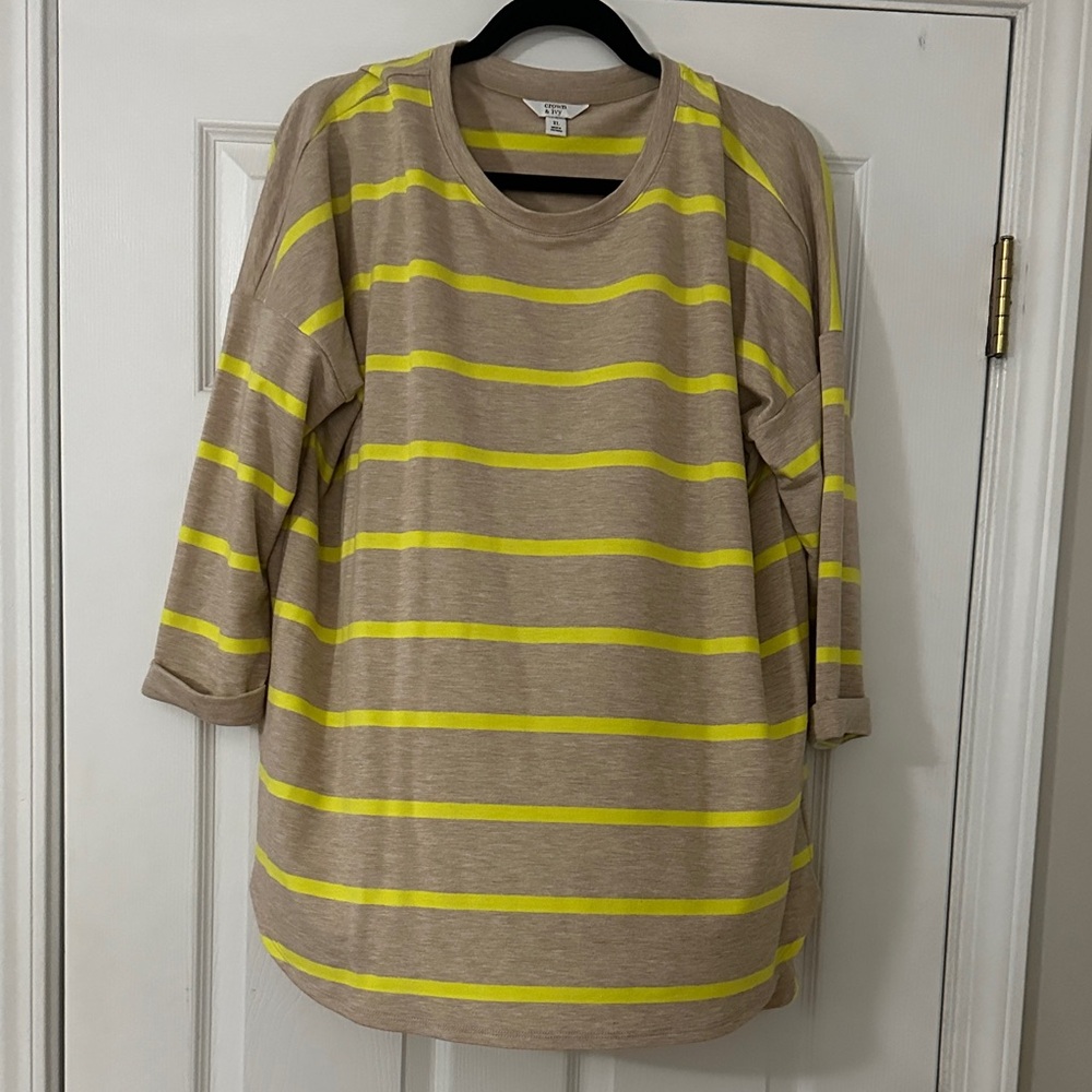 Crown & Ivy Tan and Yellow Striped Top